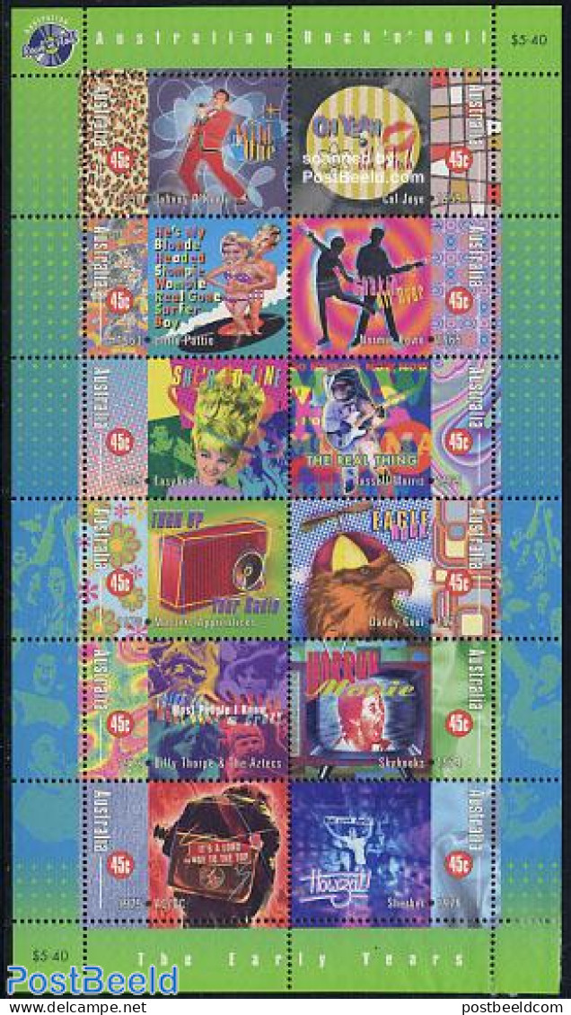 Australia 1998 Rockn Roll Music 12v M/s, Mint NH, Nature - Performance Art - Birds - Music - Popular Music - Unused Stamps