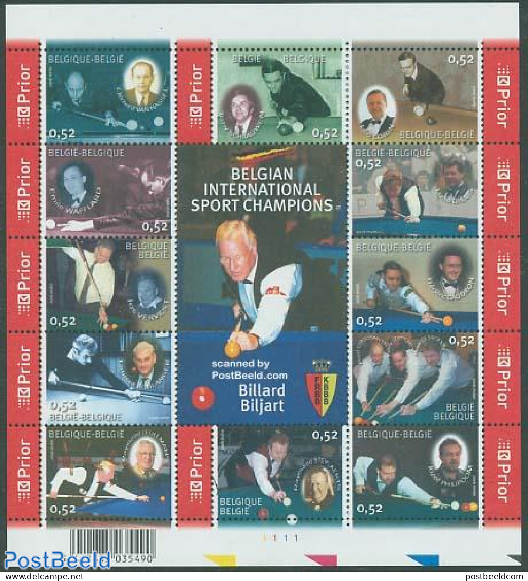 Belgium 2006 Billiards Champions 12v M/s, Mint NH, Sport - Billiards - Sport (other And Mixed) - Unused Stamps