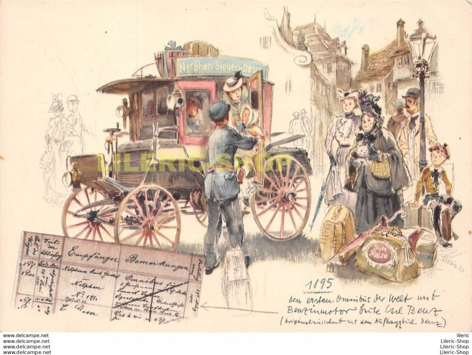 Künstler Ansichtskarte HANS LISKA / Postkarte Der Erste Omnibus Der Welt Mit Benzinmotor 1895, Carl Benz - Voitures De Tourisme