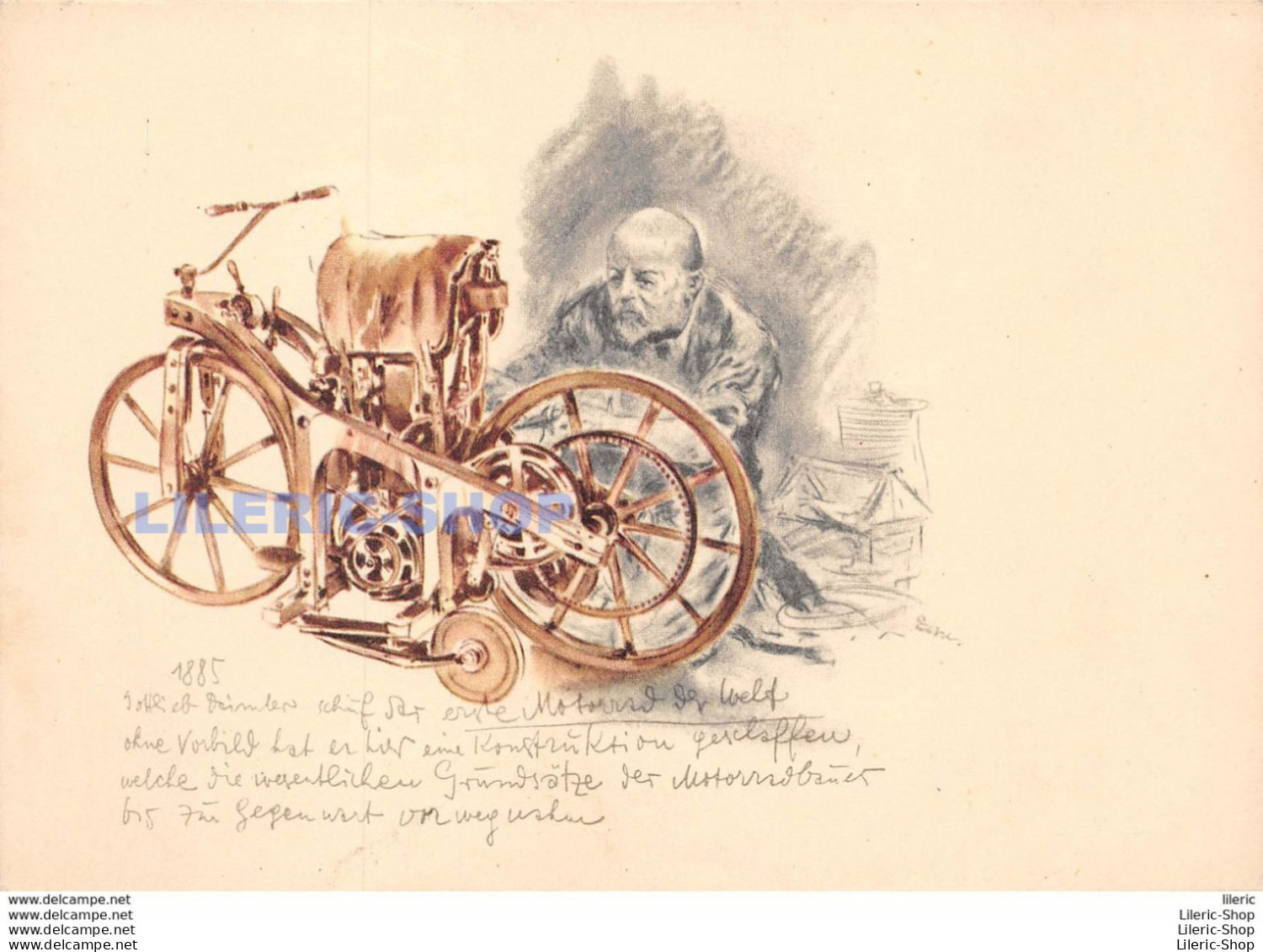 Künstler Ansichtskarte HANS LISKA / MERCEDES-BENZ 1885 DAS ERSTE MOTORRAD DER WELT - Motorbikes