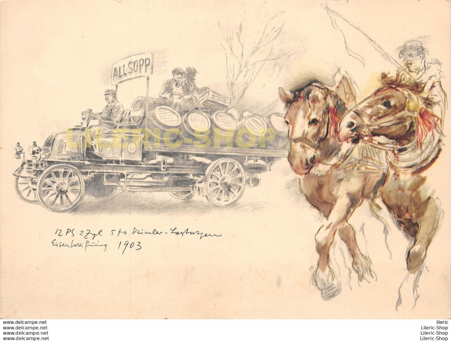 Künstler Ansichtskarte HANS LISKA / MERCEDES-BENZ  DAIMLER LASTWAGEN 1903 Vintage Oldtimer Truck / LKW / Camion - Camión & Camioneta