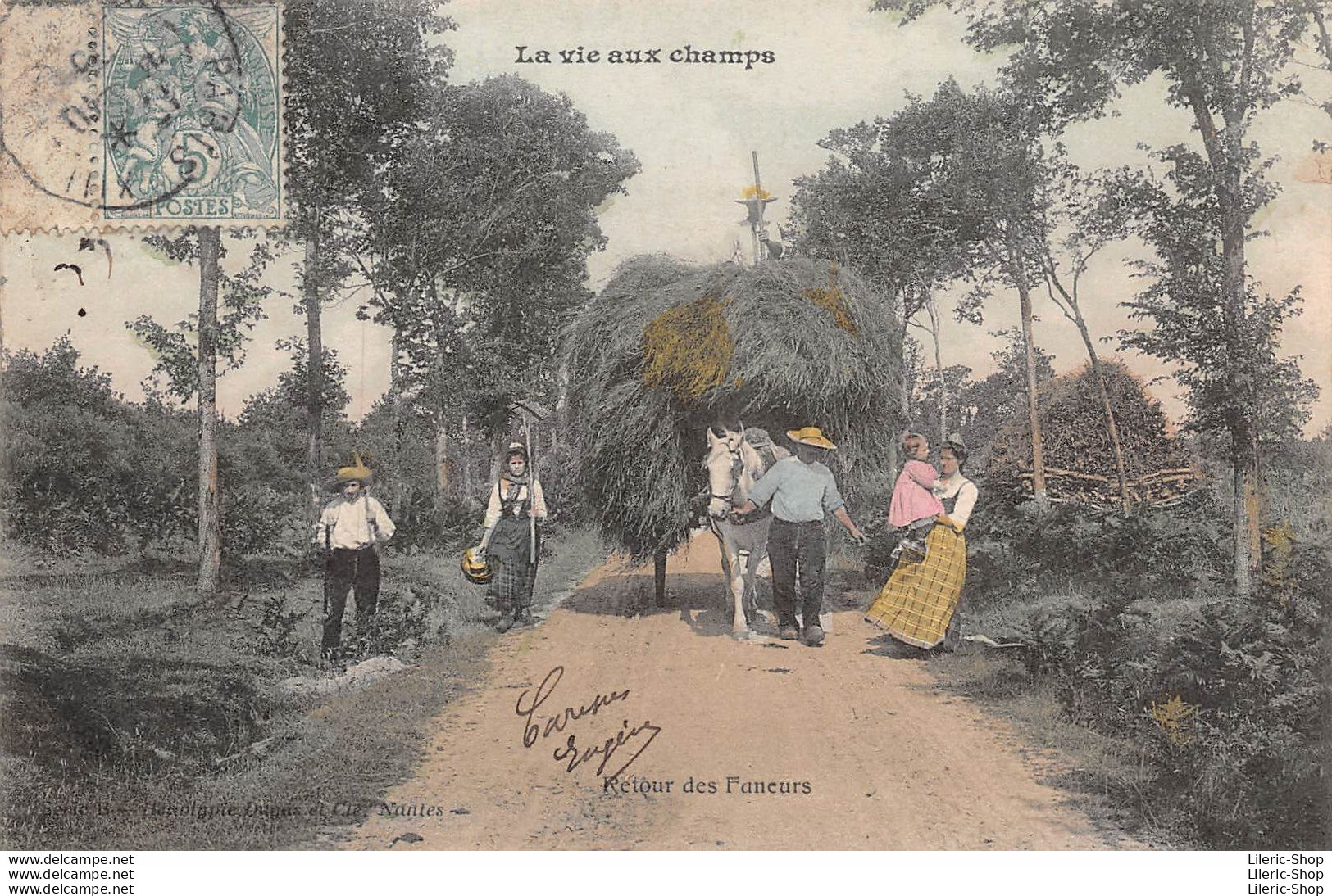 Cpa 1905 LA VIE AUX CHAMPS Retour Des Faneurs Paysans Attelage Char à Foin Cheval ▬ Série B Dugas Et Cie - Cultivation