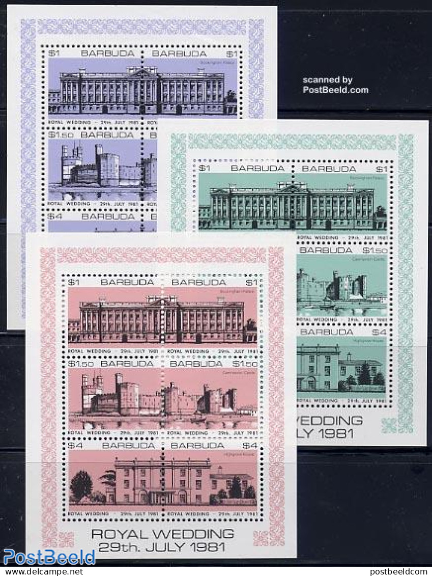 Barbuda 1981 Royal Wedding 3x6v M/s, Mint NH, Art - Castles & Fortifications - Châteaux