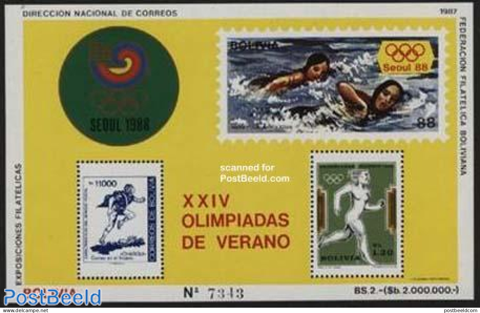 Bolivia 1987 Olympic Games S/s, Mint NH, Sport - Olympic Games - Swimming - Stamps On Stamps - Swimming