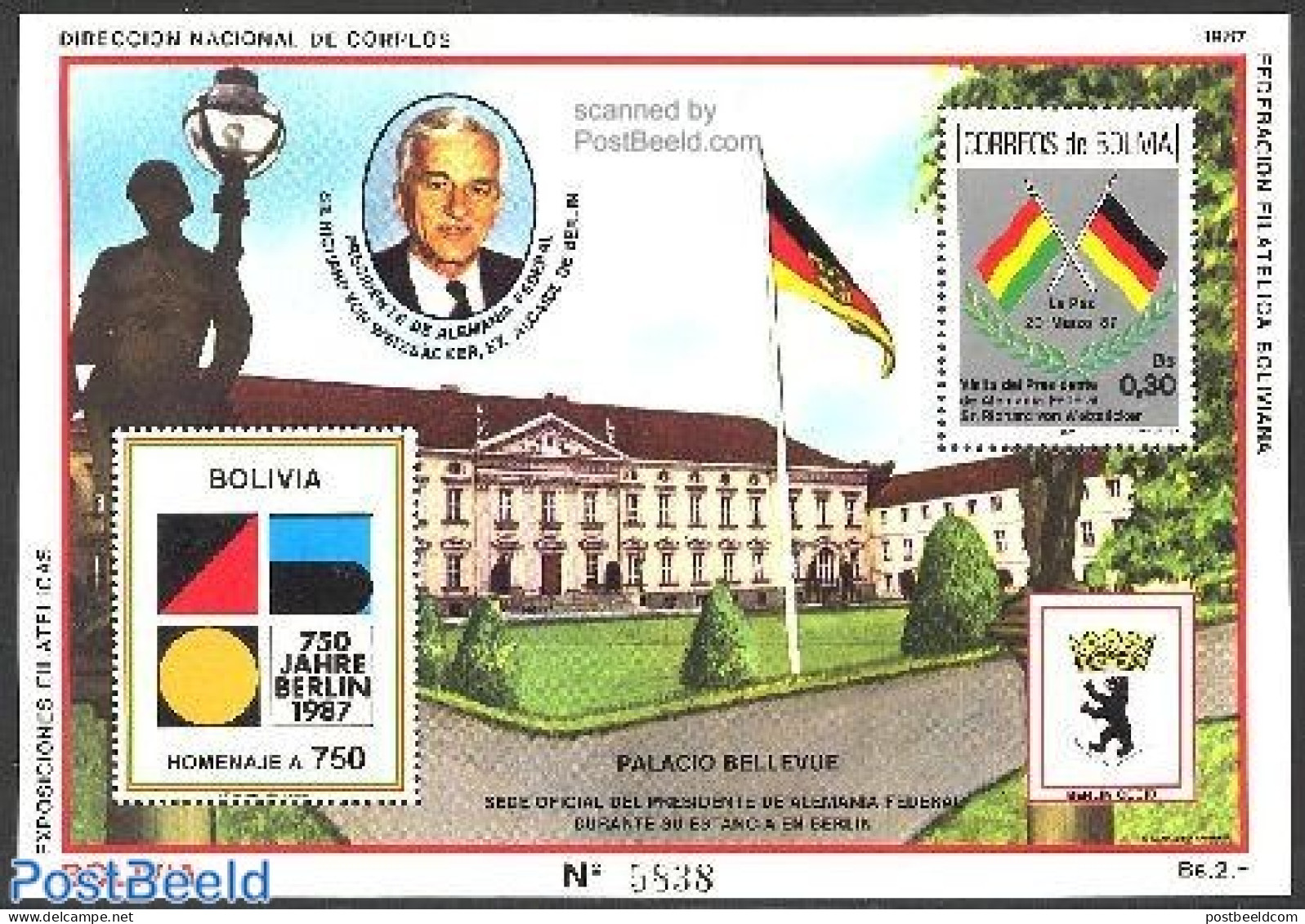 Bolivia 1987 750 Years Berlin S/s, Mint NH, History - Bolivië