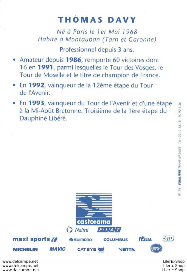 CYCLISME COUREUR THOMAS DAVY TEAM CASTORAMA 1994 - Cyclisme