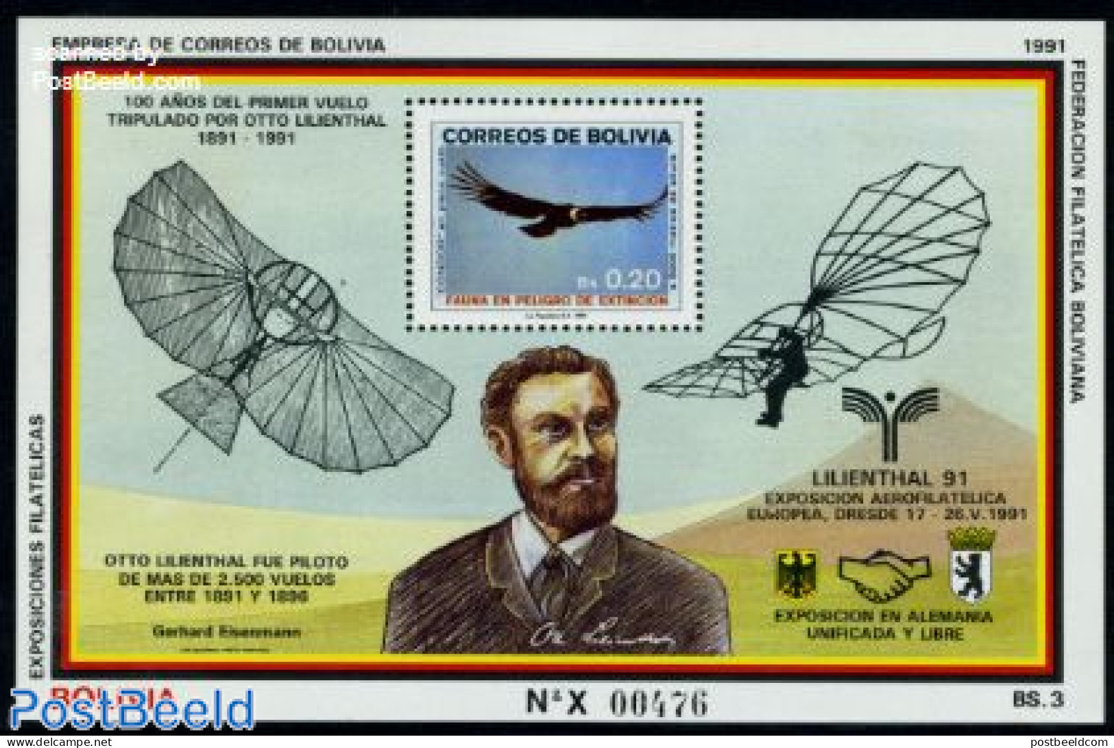 Bolivia 1991 Lilienthal S/s, Mint NH, Nature - Transport - Birds - Birds Of Prey - Aircraft & Aviation - Airplanes