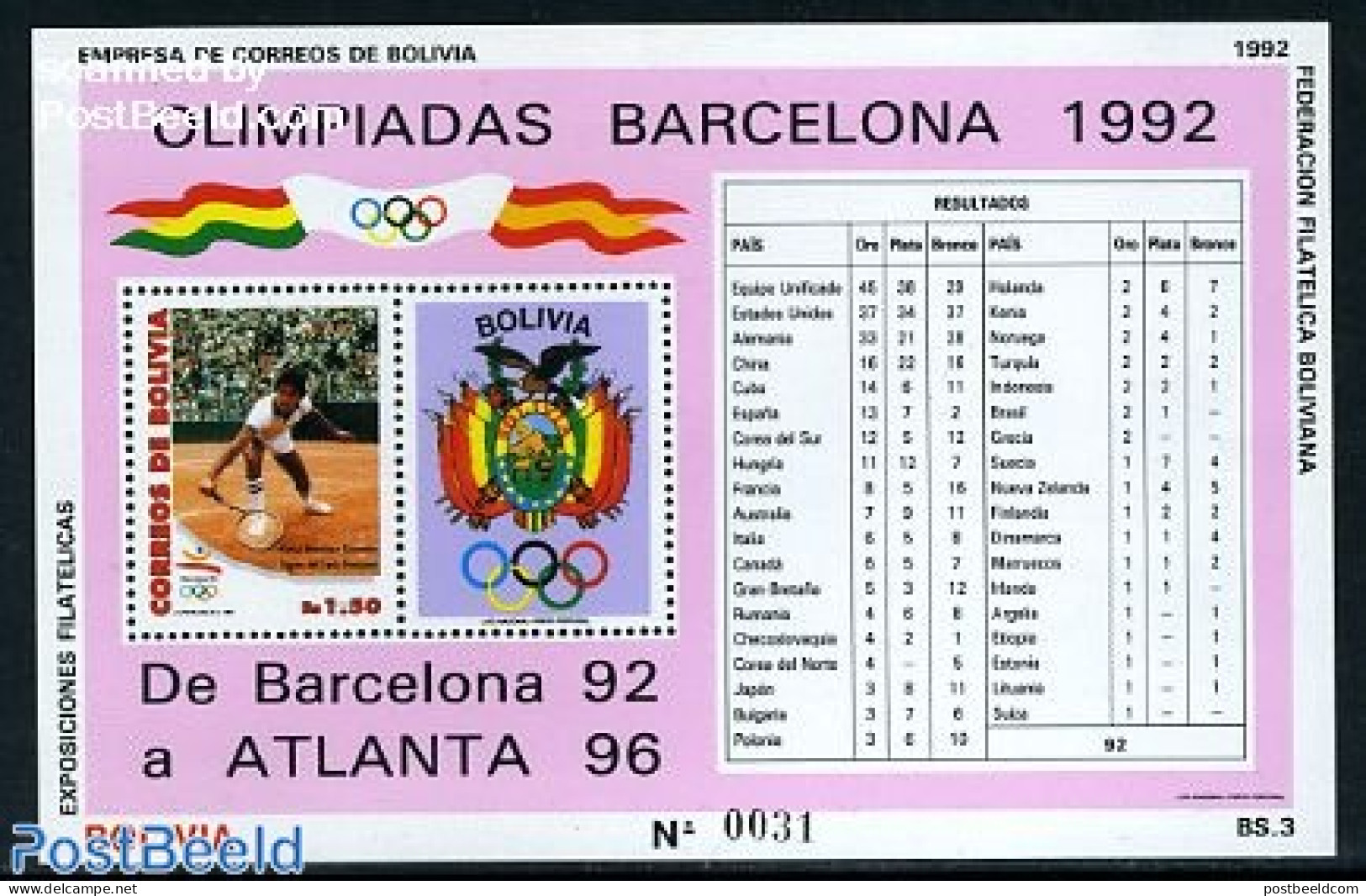 Bolivia 1993 Olympic Games S/s, Mint NH, Sport - Olympic Games - Tennis - Tennis