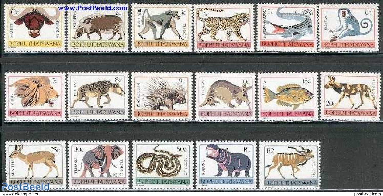 Bophuthatswana 1977 Definitives, Animals 17v, Mint NH, Nature - Animals (others & Mixed) - Cat Family - Crocodiles - E.. - Fishes