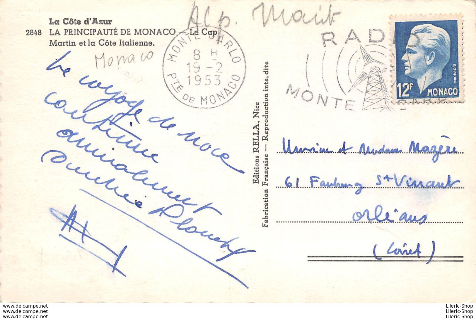 CPSM 1953 -  Principauté De MONACO -Le Cap Martin Et La Côte Italienne - Éd. RELLA - Mehransichten, Panoramakarten