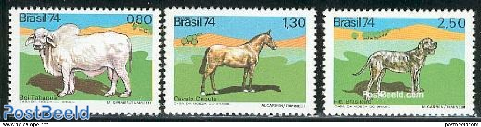 Brazil 1974 Domestic Animals 3v, Mint NH, Nature - Animals (others & Mixed) - Cattle - Dogs - Horses - Unused Stamps
