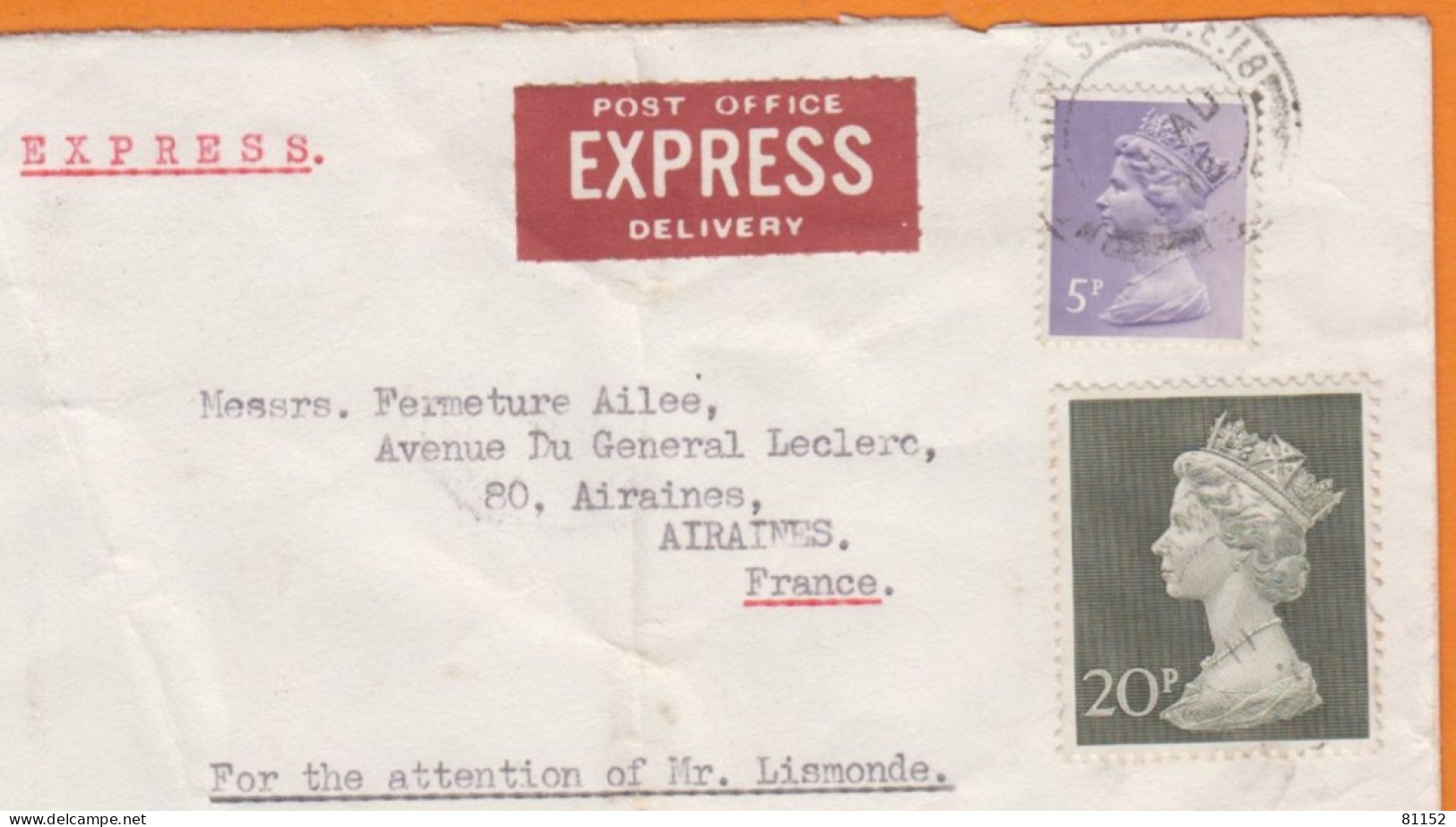 G.B. Lettre EXPRESS De  LONDON   1972 Avec 2 Timbres De Elizabeth II   5p + 20p  Pour 80 AIRAINES Et  6 Cachets Au Verso - Briefe U. Dokumente