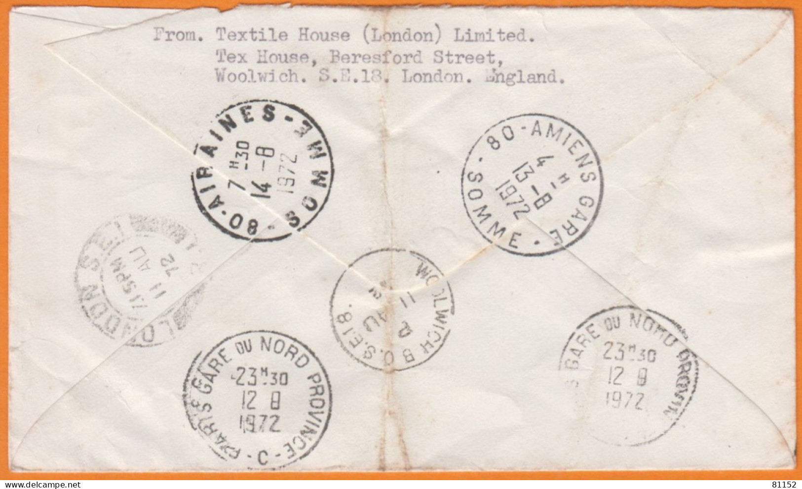 G.B. Lettre EXPRESS De  LONDON   1972 Avec 2 Timbres De Elizabeth II   5p + 20p  Pour 80 AIRAINES Et  6 Cachets Au Verso - Covers & Documents