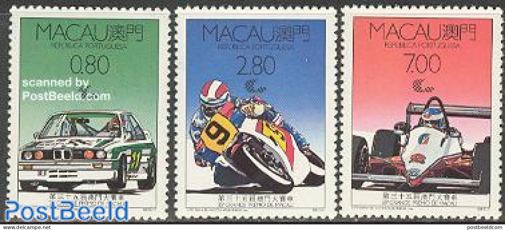 Macao 1988 Grand Prix 3v, Mint NH, Sport - Transport - Autosports - Sport (other And Mixed) - Automobiles - Motorcycles - Ongebruikt
