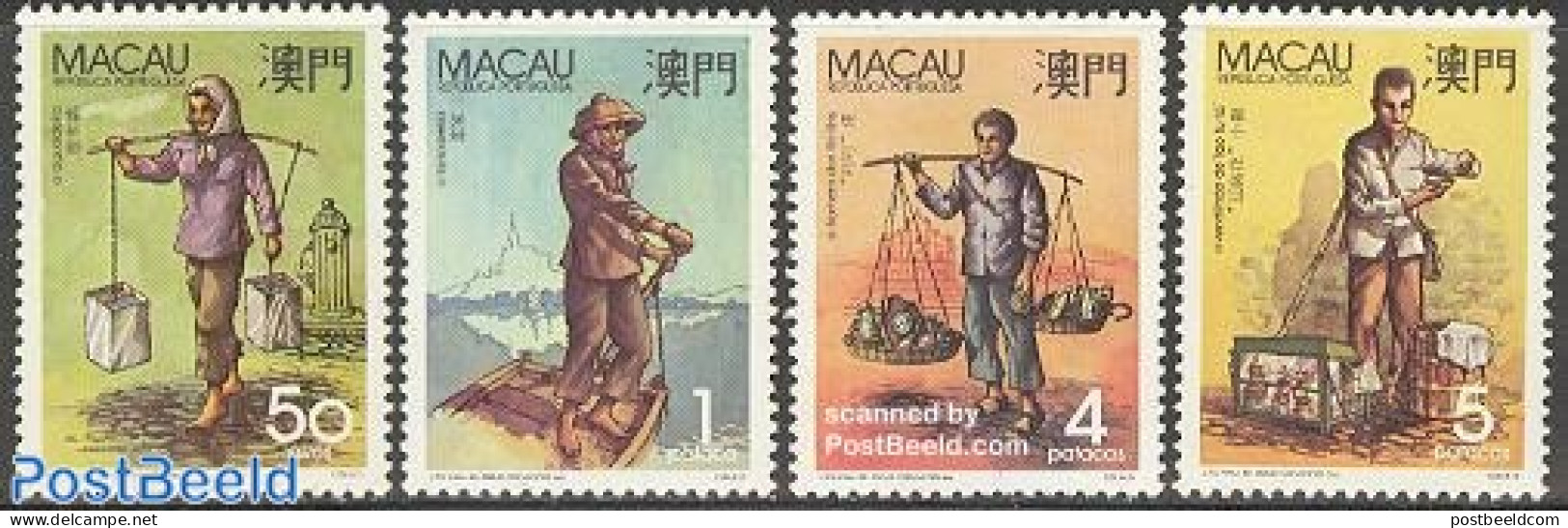 Macao 1989 Typical Jobs 4v, Mint NH, Nature - Transport - Various - Water, Dams & Falls - Ships And Boats - Street Life - Unused Stamps