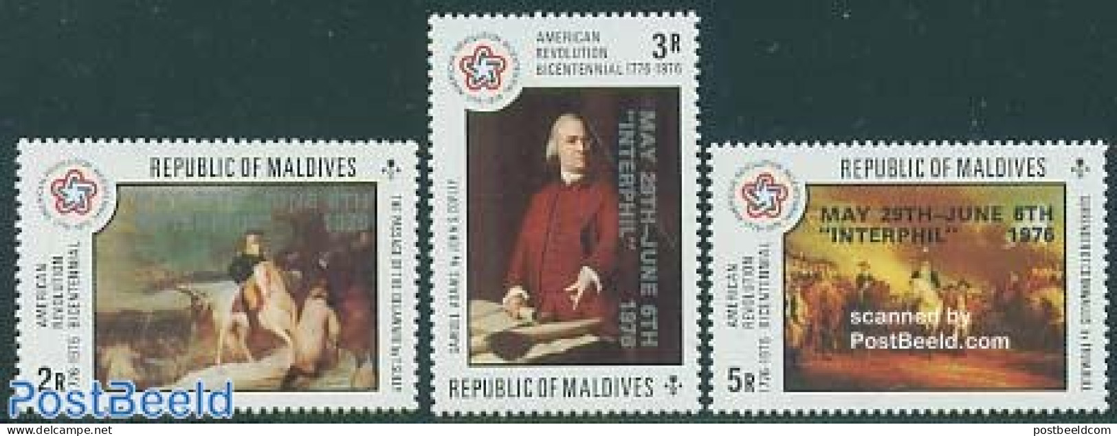 Maldives 1976 Interphil 3v, Mint NH, History - US Bicentenary - Philately - Maldiven (1965-...)