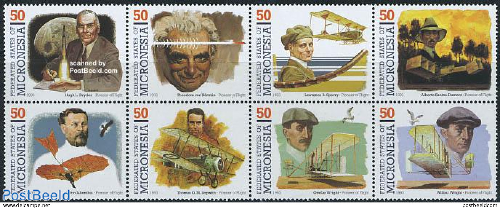 Micronesia 1993 Air Pioneers 8v [+++], Mint NH, Nature - Transport - Birds - Aircraft & Aviation - Airplanes