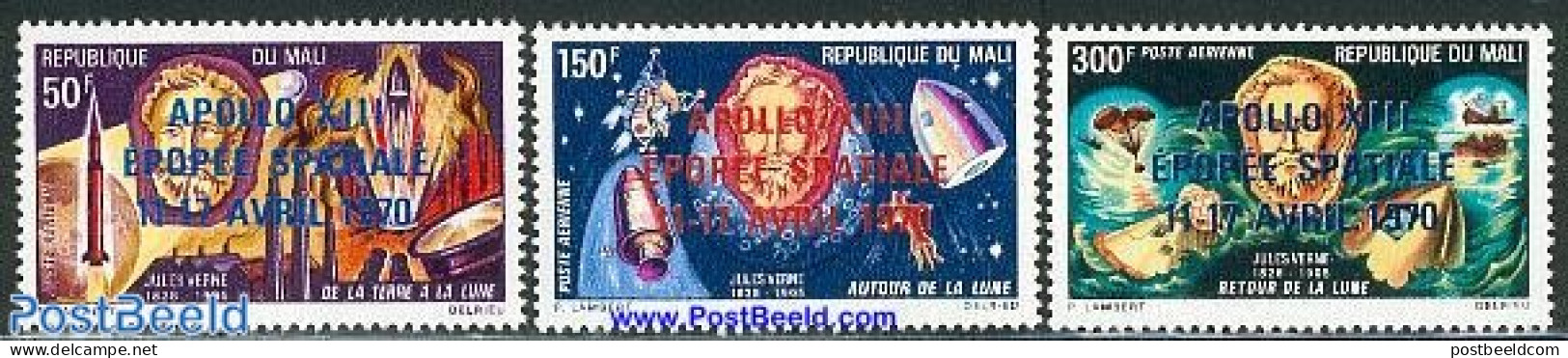 Mali 1970 Apollo XII Overprint 3v, Mint NH, Transport - Space Exploration - Art - Authors - Jules Verne - Science Fict.. - Writers