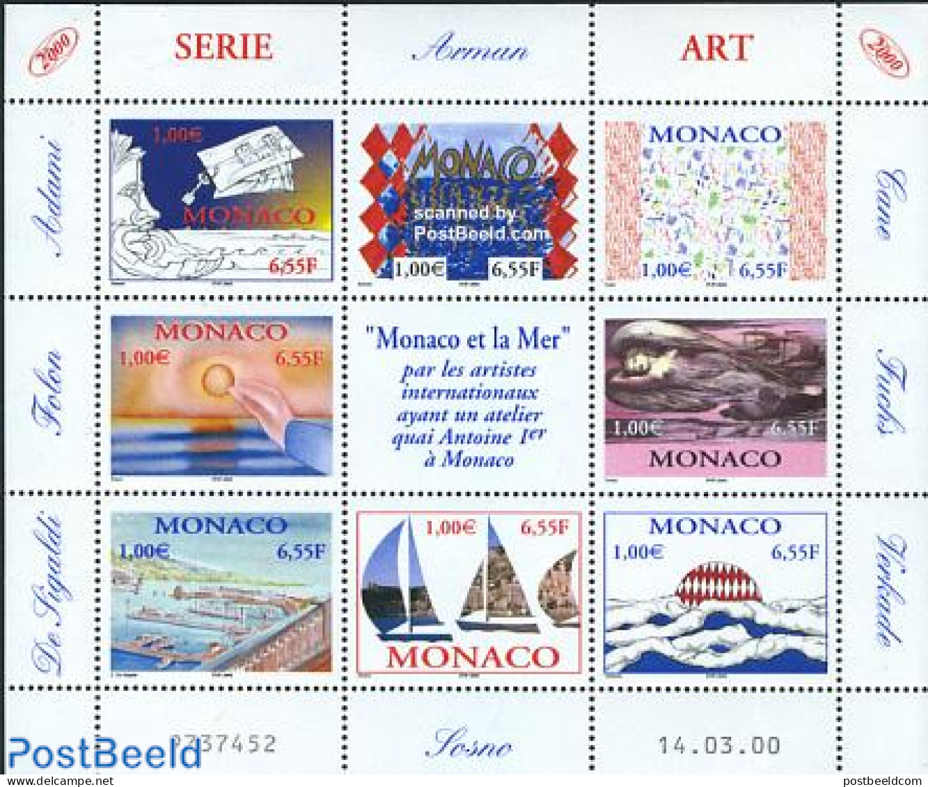 Monaco 2000 Modern Art 8v M/s, Mint NH, Religion - Transport - Angels - Ships And Boats - Art - Modern Art (1850-prese.. - Unused Stamps
