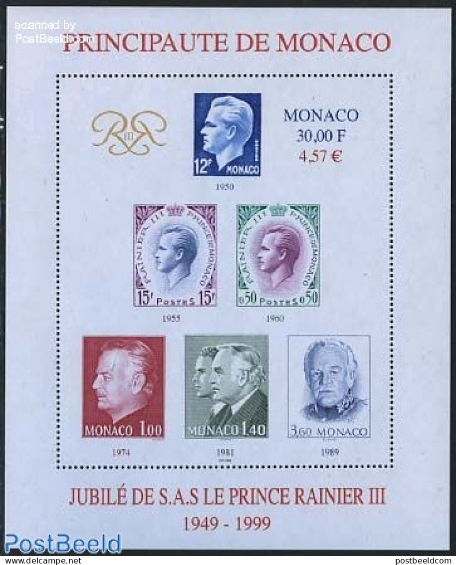 Monaco 1999 Golden Jubilee S/s, Mint NH, History - Kings & Queens (Royalty) - Stamps On Stamps - Neufs