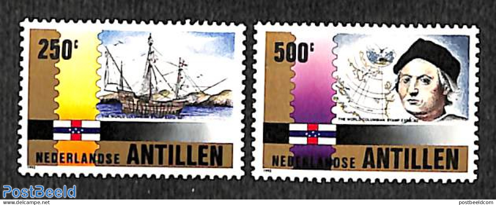 Netherlands Antilles 1992 Columbus 2v, Mint NH, History - Transport - Various - Explorers - Stamps On Stamps - Ships A.. - Erforscher