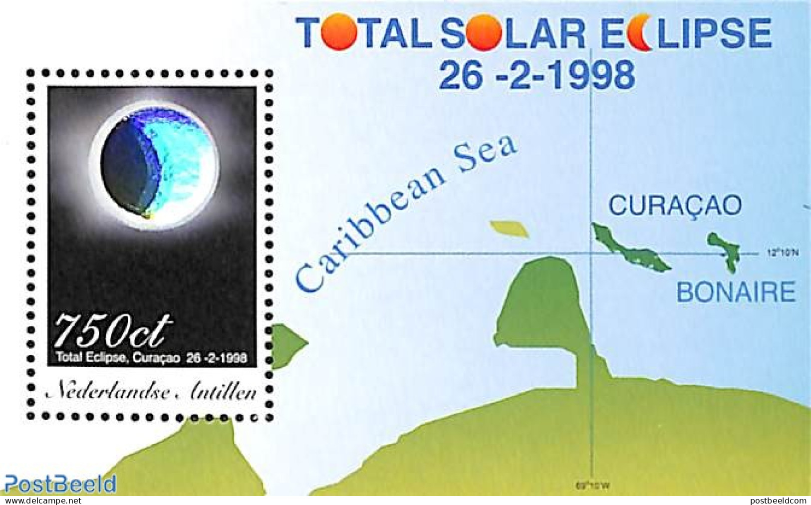 Netherlands Antilles 1998 Solar Eclipse, Hologram S/s, Mint NH, Science - Various - Astronomy - Holograms - Maps - Astrology