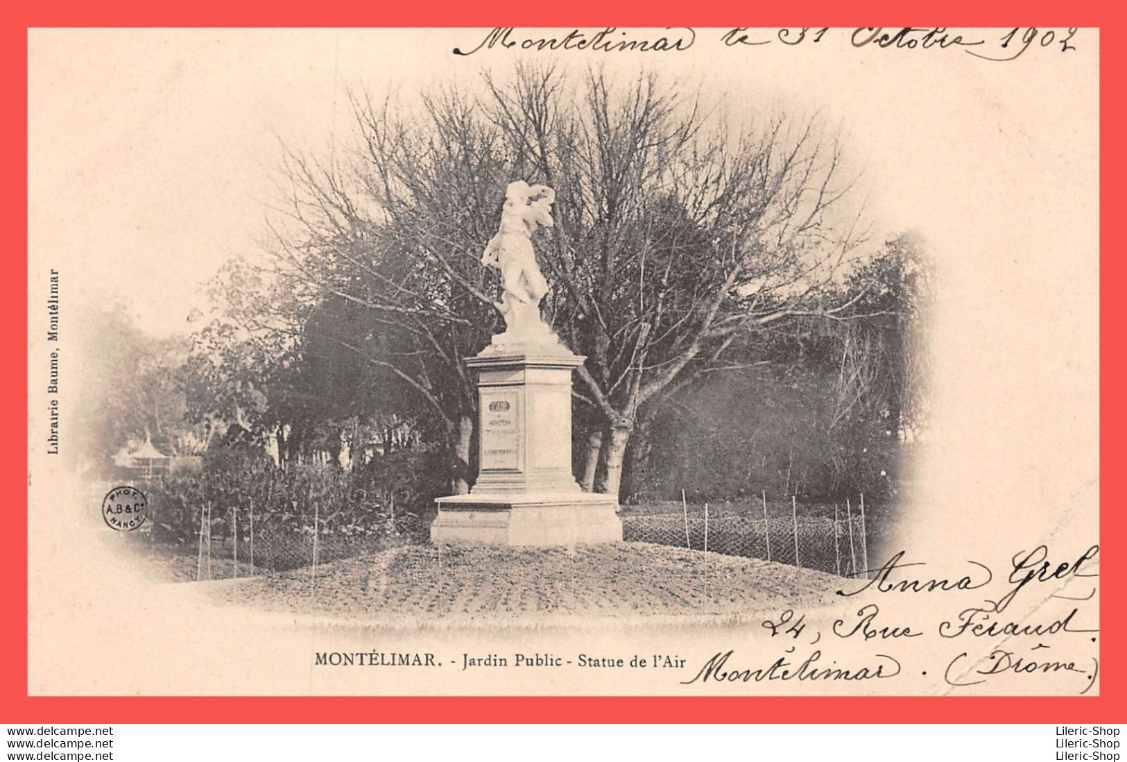 MONTELIMAR (26) PRÉCURSEUR 1902 - JARDIN PUBLIC STATUE DE L' AIR - LIBRAIRIE BAUME  - Montelimar