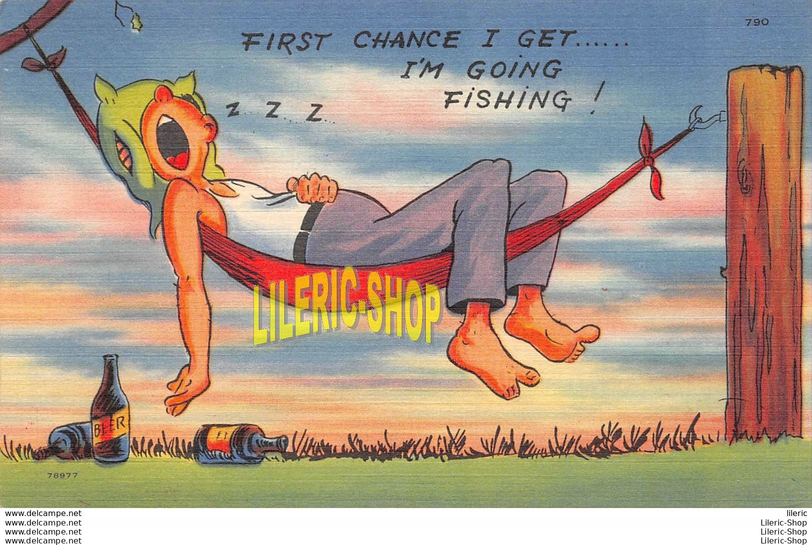 Vintage 1940s Comic Linen Postcard Tichnor First Chance I Get I'm Going Fishing  Man Asleep Hammock BEER - Humour