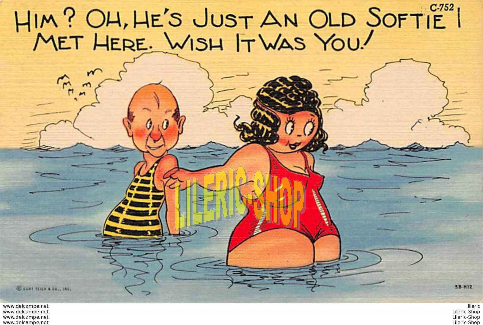 Vintage 1940s  Comic Linen Postcard - Him? Oh, He's Just An Old Softie I Met Here, Swimming - - Humour