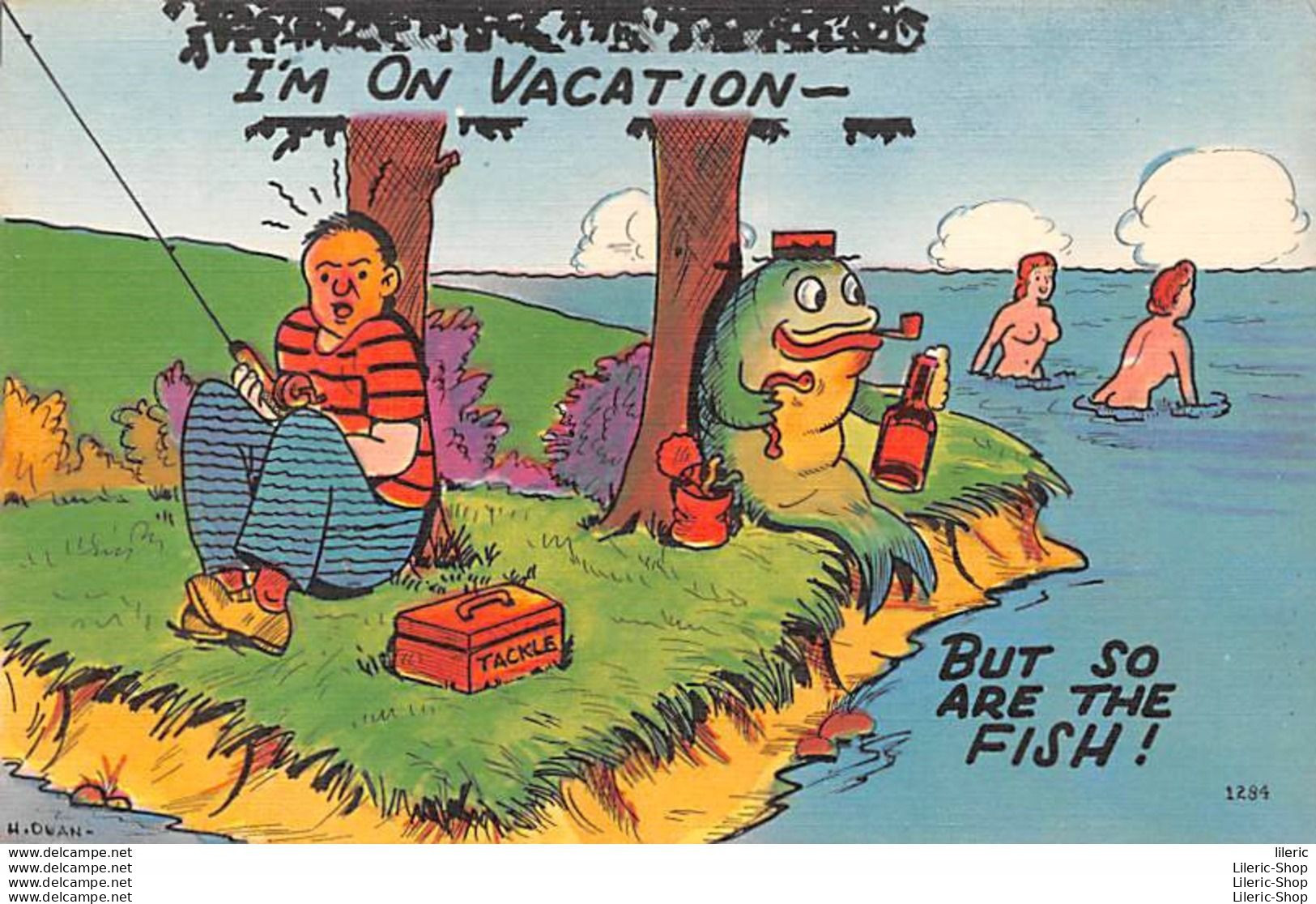 Vintage 1940s  Humor Comic Linen Postcard - Fishing "I'm On Vacation." Fish Looking Nude Young Ladies In Water - Humour