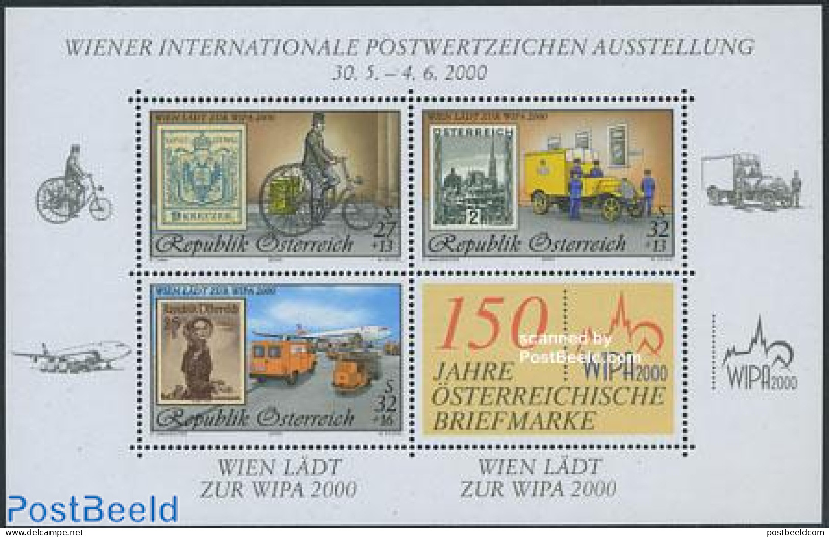 Austria 2000 Wipa 2000 S/s, Mint NH, Sport - Transport - Various - Cycling - Philately - Post - Stamps On Stamps - Aut.. - Ungebraucht
