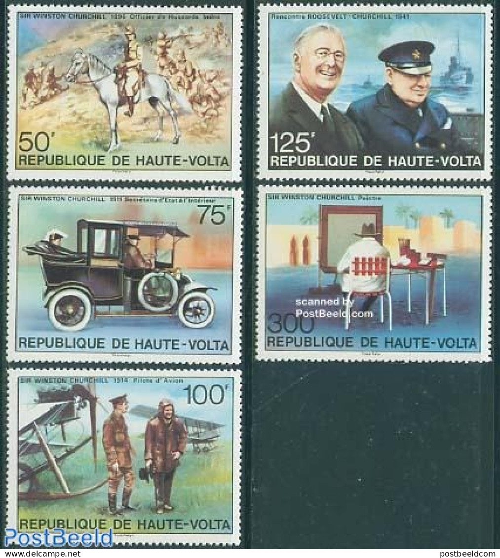 Upper Volta 1975 Sir Winston Churchill 5v, Mint NH, History - Nature - Transport - Churchill - Horses - Automobiles - .. - Sir Winston Churchill