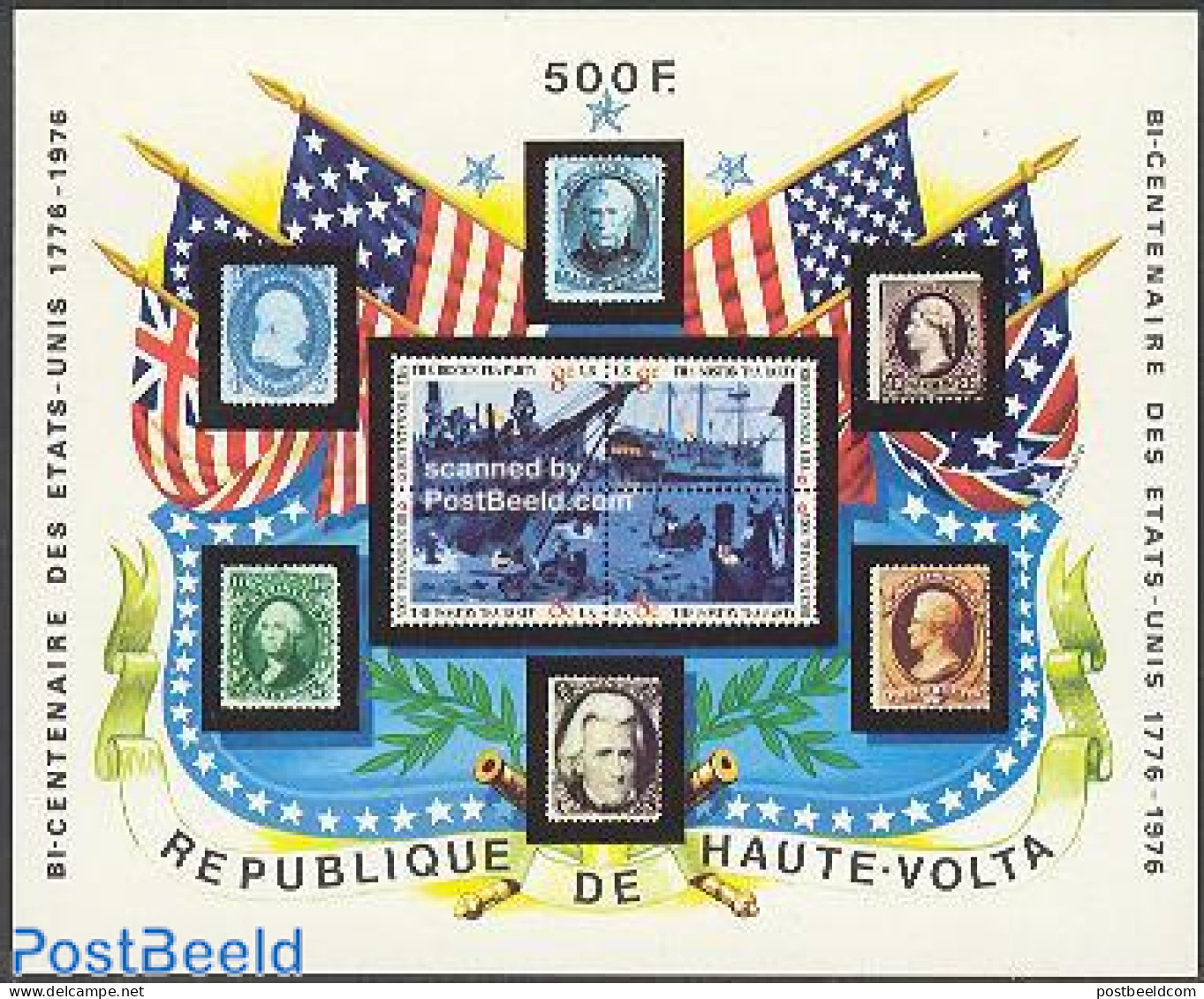 Upper Volta 1975 US Bicentenary S/s, Mint NH, History - Transport - US Bicentenary - Stamps On Stamps - Ships And Boats - Timbres Sur Timbres