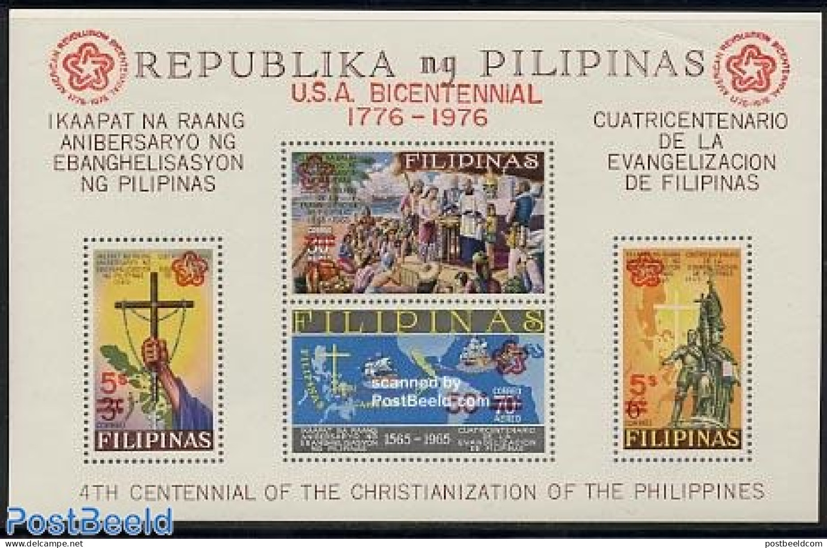 Philippines 1976 US Bicentenary S/s, Red Overprints, Mint NH, History - Religion - Transport - Various - US Bicentenar.. - Schiffe