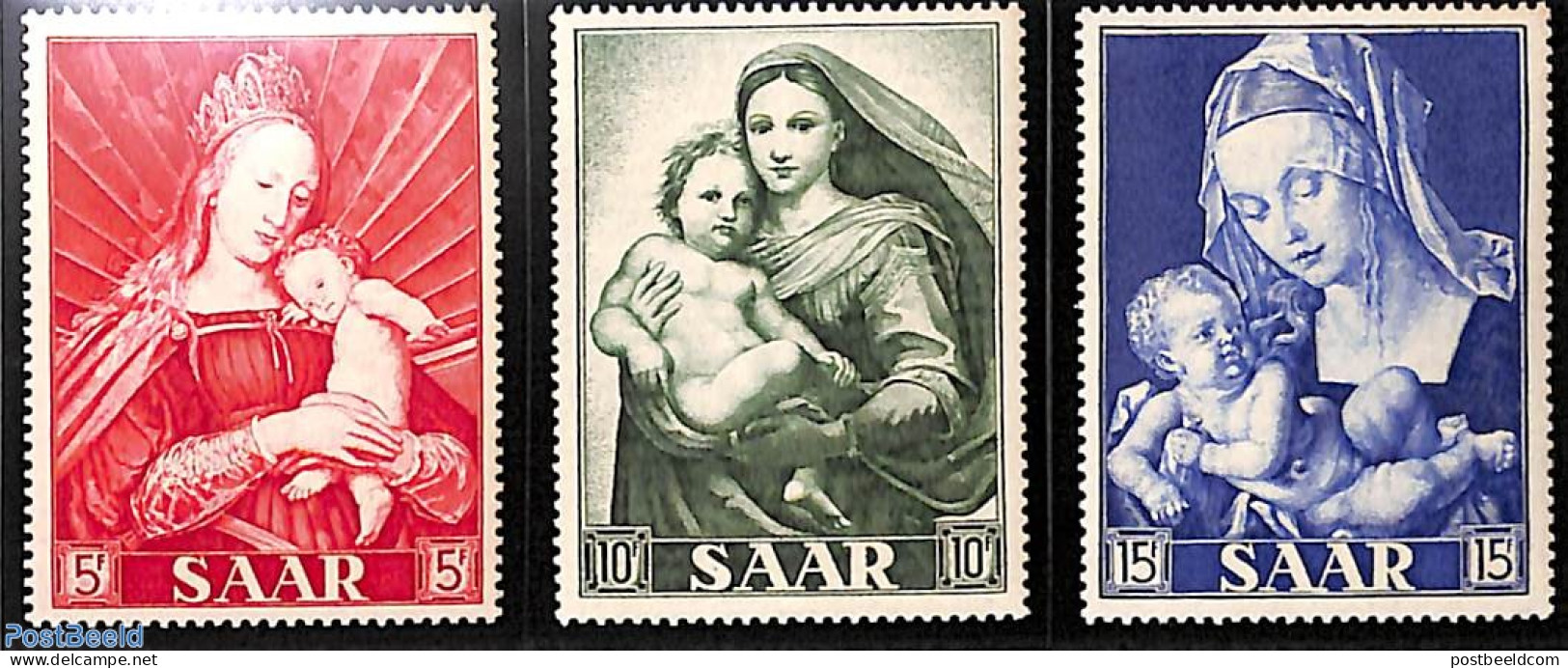 Germany, Saar 1954 Maria Year 3v, Mint NH, Religion - Religion - Art - Dürer, Albrecht - Paintings - Raphael - Sonstige & Ohne Zuordnung
