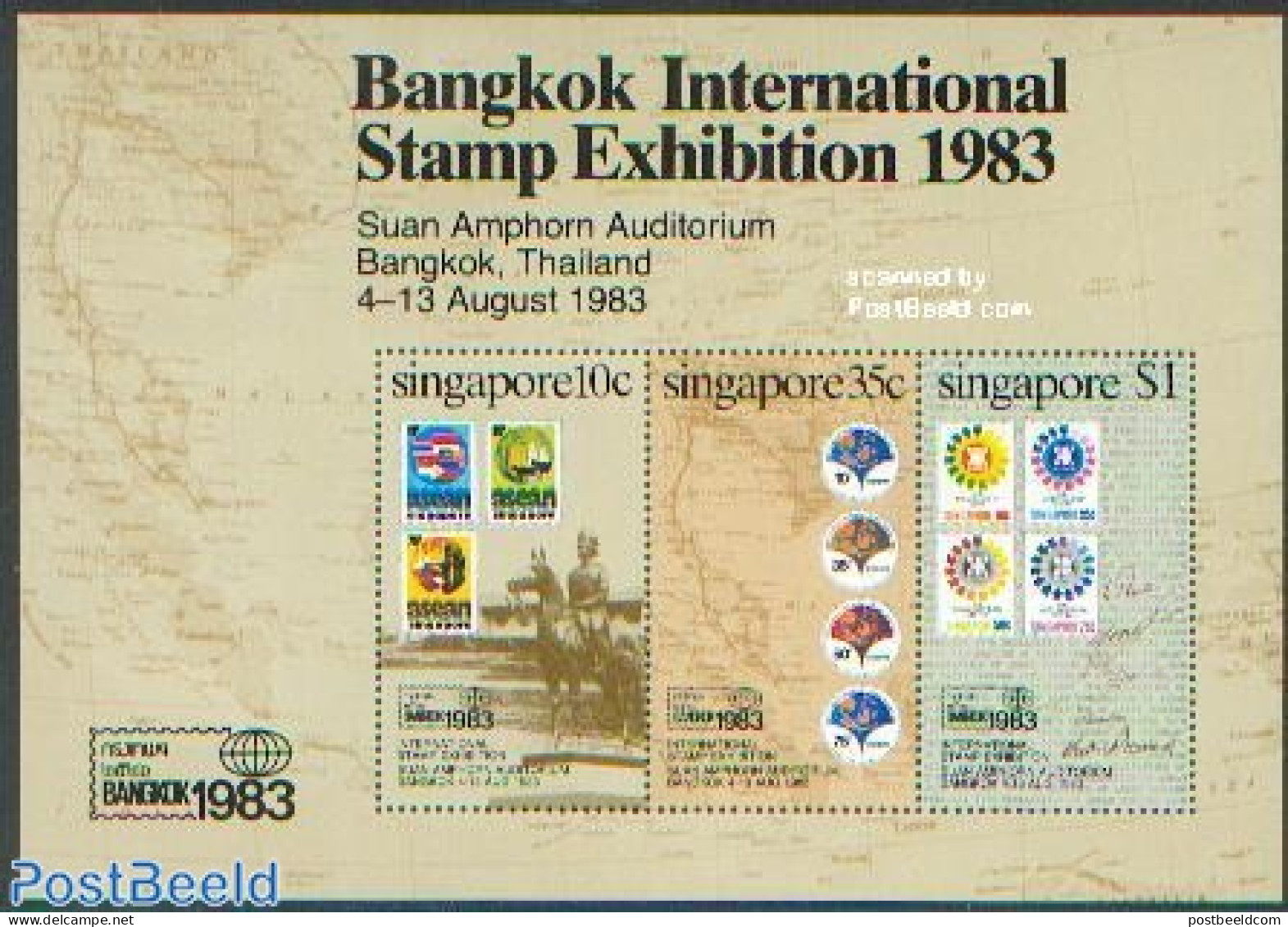 Singapore 1983 Bangkok 1983 S/s, Mint NH, Various - Philately - Stamps On Stamps - Maps - Timbres Sur Timbres