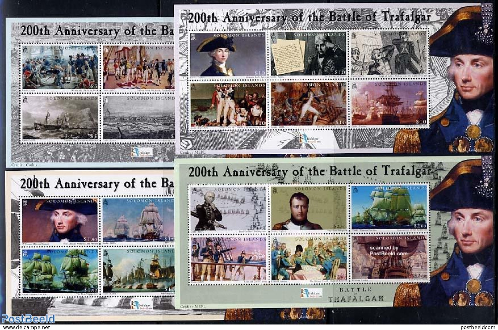 Solomon Islands 2005 Battle Of Trafalgar 4x6v M/s, Mint NH, History - Transport - Various - Decorations - Ships And Bo.. - Militaria