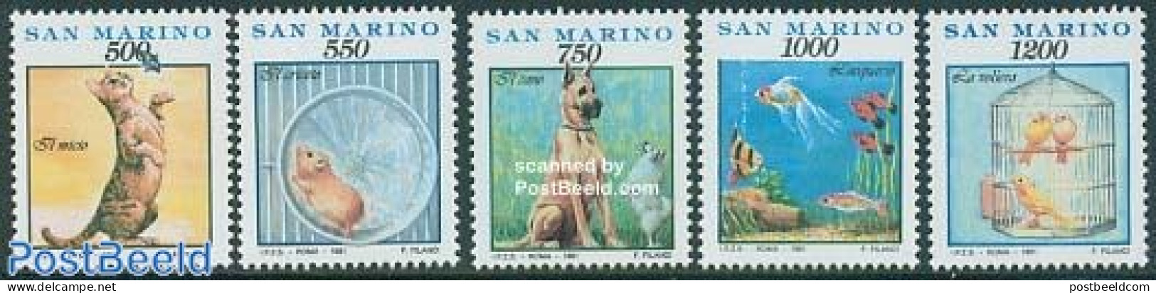 San Marino 1991 Domestic Animals 5v, Mint NH, Nature - Animals (others & Mixed) - Birds - Cats - Dogs - Fish - Neufs