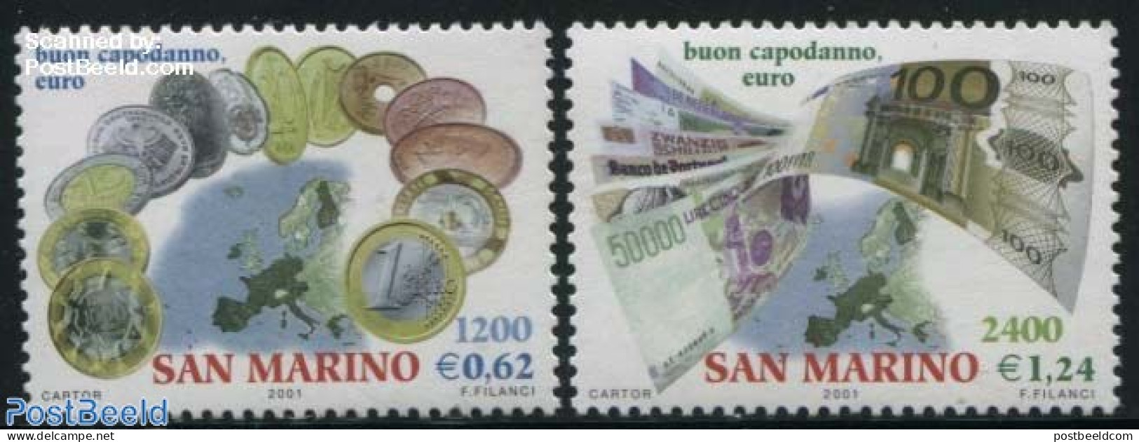 San Marino 2001 Euro 2v, Mint NH, History - Various - Europa Hang-on Issues - Maps - Money On Stamps - Unused Stamps