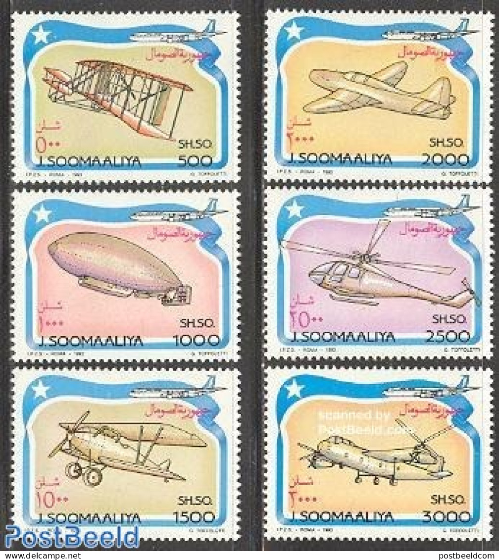 Somalia 1993 Aeroplanes 6v, Mint NH, Transport - Helicopters - Aircraft & Aviation - Zeppelins - Hubschrauber