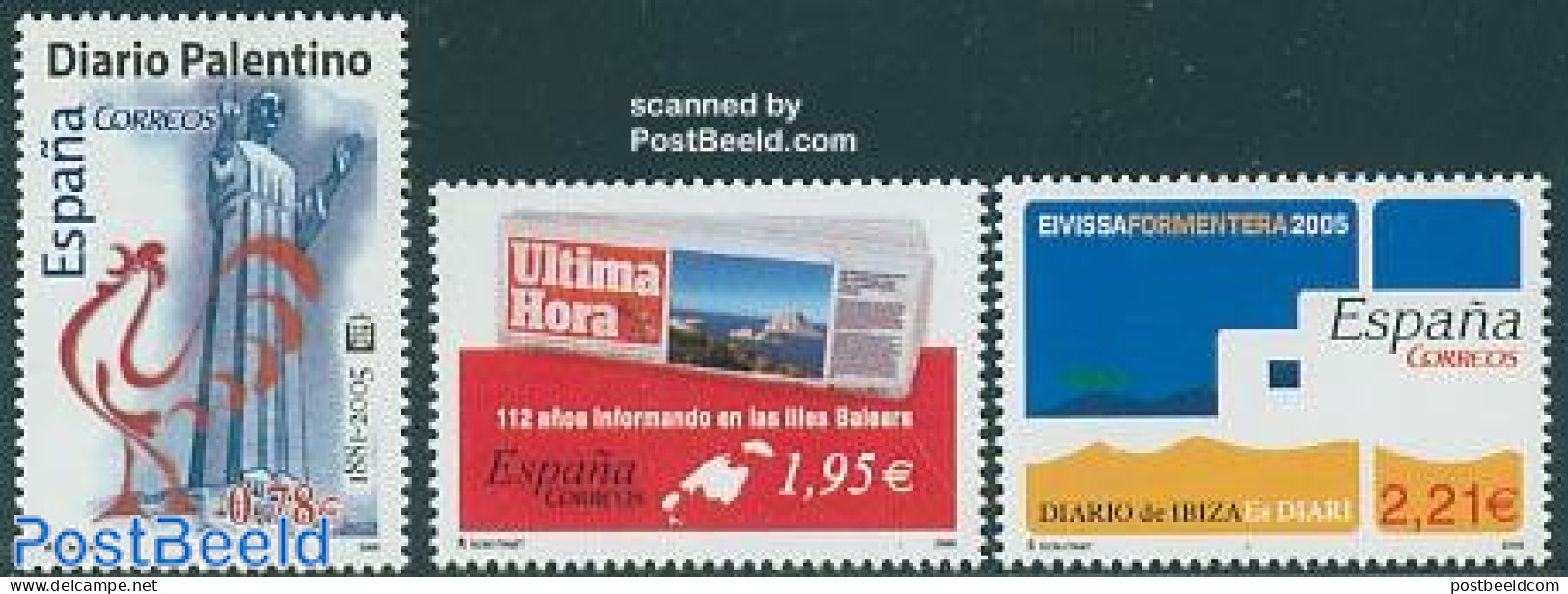 Spain 2005 Newspapers 3v, Mint NH, History - Various - Newspapers & Journalism - Maps - Art - Sculpture - Neufs