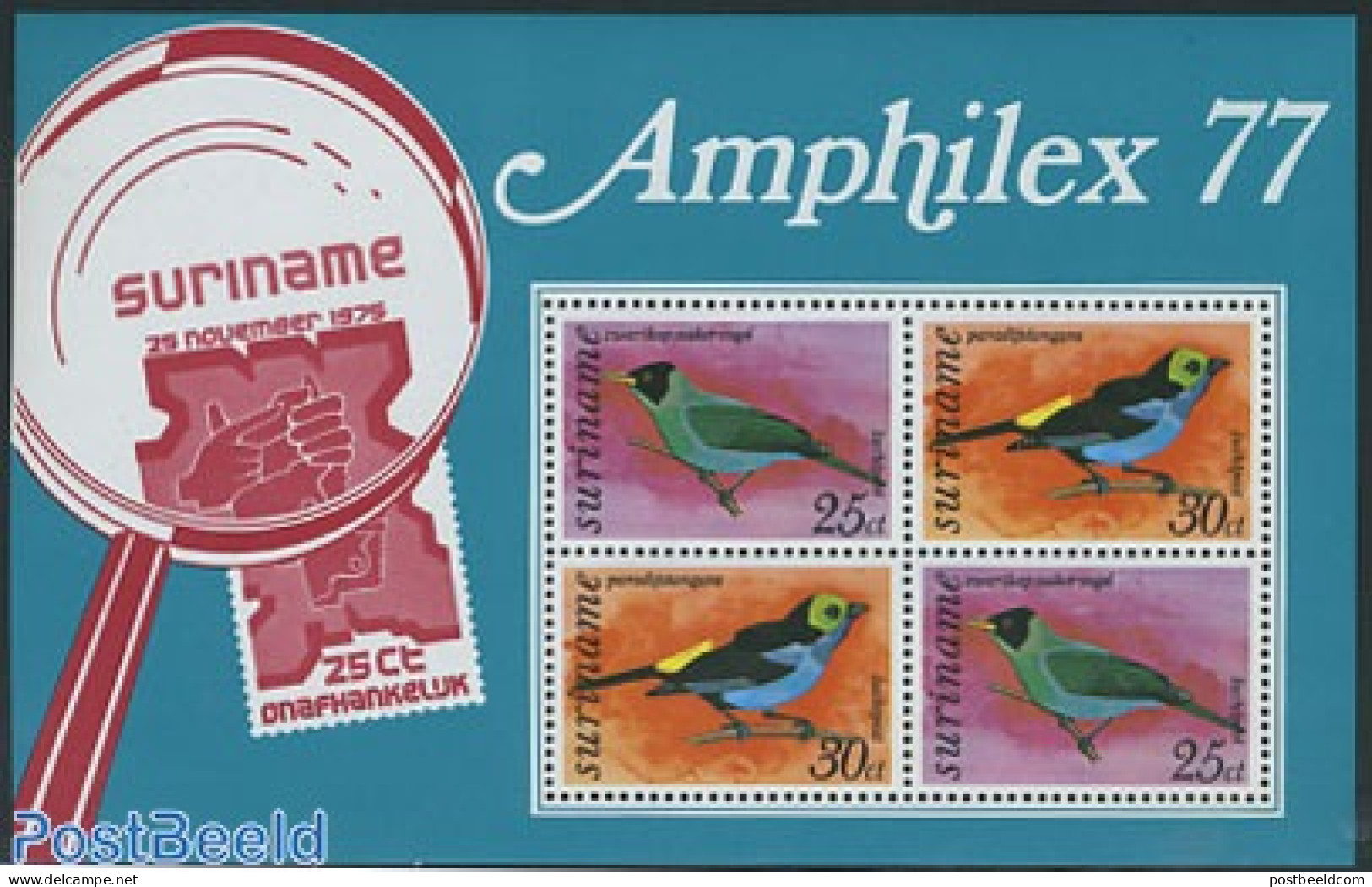 Suriname, Republic 1977 Birds Amphilex 77 S/s, Mint NH, Nature - Birds - Philately - Surinam