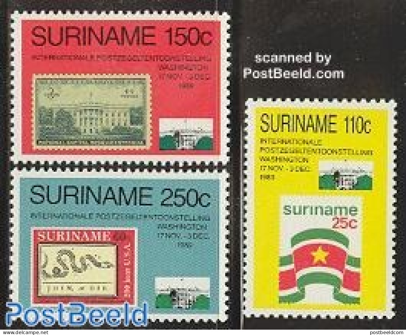 Suriname, Republic 1989 Washington Stamp Expo 3v, Mint NH, History - United Nations - Stamps On Stamps - Briefmarken Auf Briefmarken