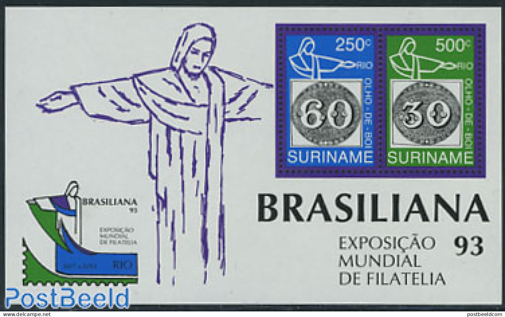 Suriname, Republic 1993 Brasiliana S/s, Mint NH, Stamps On Stamps - Briefmarken Auf Briefmarken