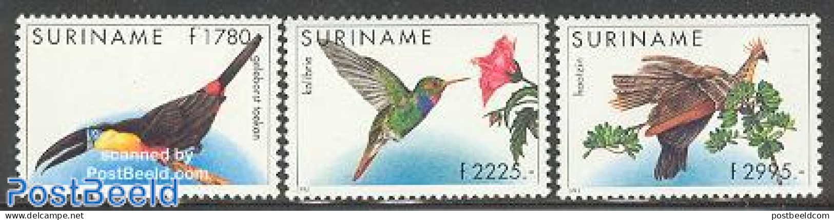 Suriname, Republic 1995 Birds 3v (1780g,2225g,2995g), Mint NH, Nature - Birds - Hummingbirds - Toucans - Surinam