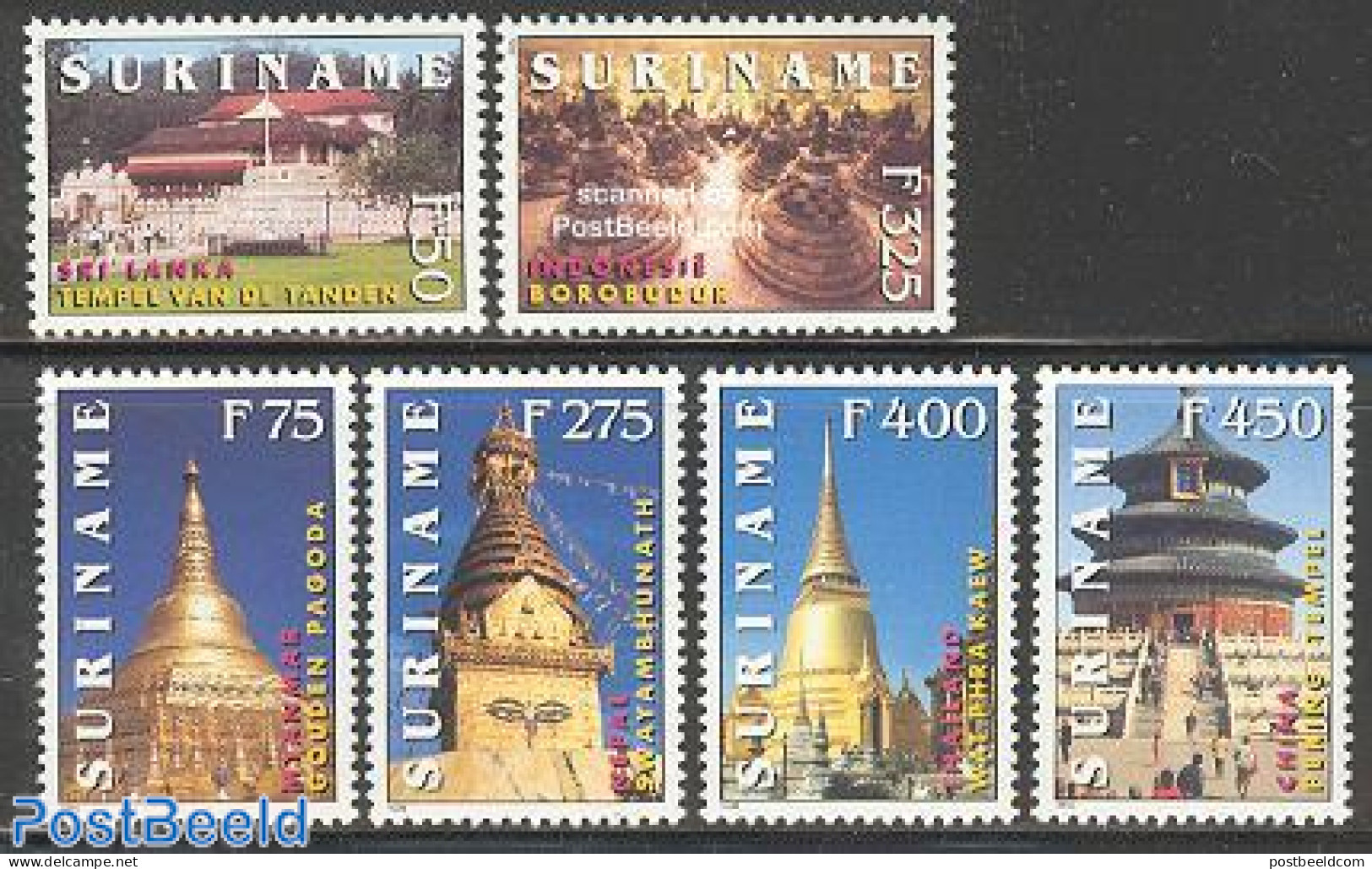 Suriname, Republic 1998 Temples 6v, Mint NH, Religion - Churches, Temples, Mosques, Synagogues - Eglises Et Cathédrales