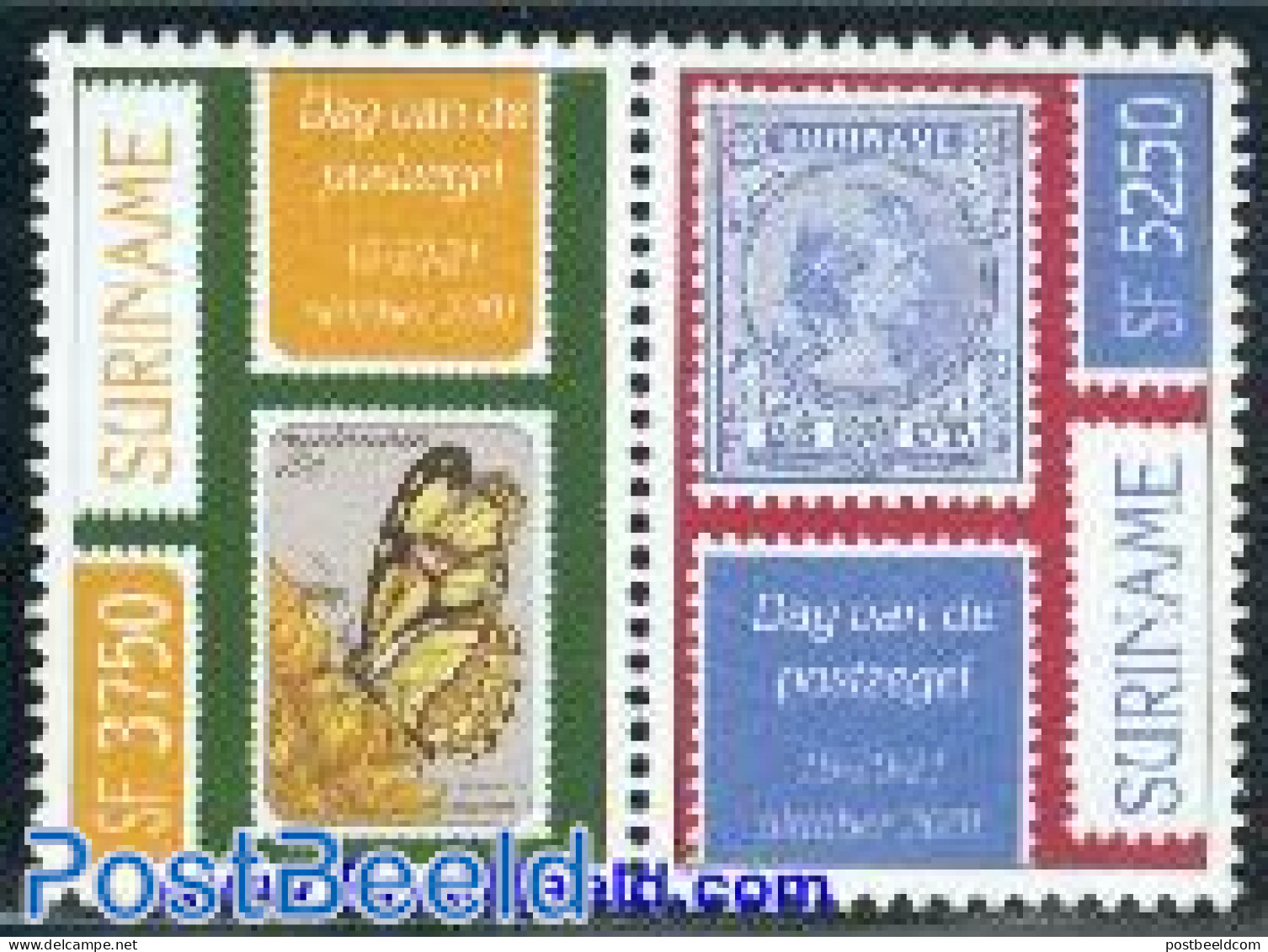 Suriname, Republic 2001 Stamp Day 2v [:], Mint NH, Nature - Butterflies - Stamps On Stamps - Timbres Sur Timbres