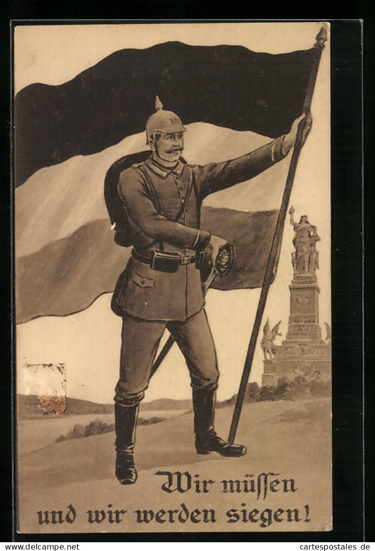 AK Soldat In Uniform Mit Pickelhaube Und Fahne  - Guerre 1914-18