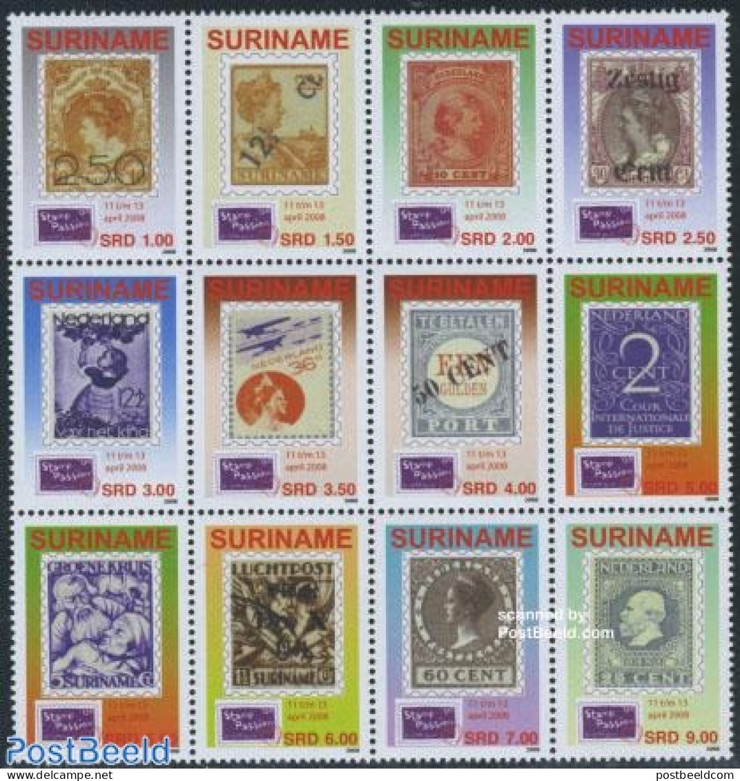Suriname, Republic 2008 Stamp Passion 12v Sheetlet, Mint NH, Transport - Stamps On Stamps - Aircraft & Aviation - Ship.. - Timbres Sur Timbres