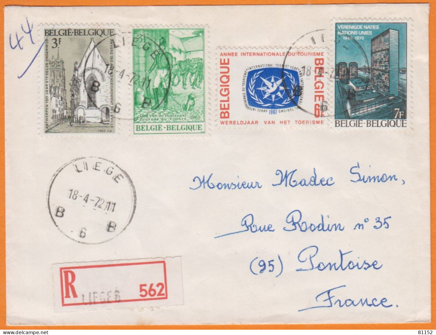 BELGIQUE   Lettre Recommandée De LIEGE 1972  Avec Compo De 4 Timbres Pour 95 PONTOISE - Cartas & Documentos